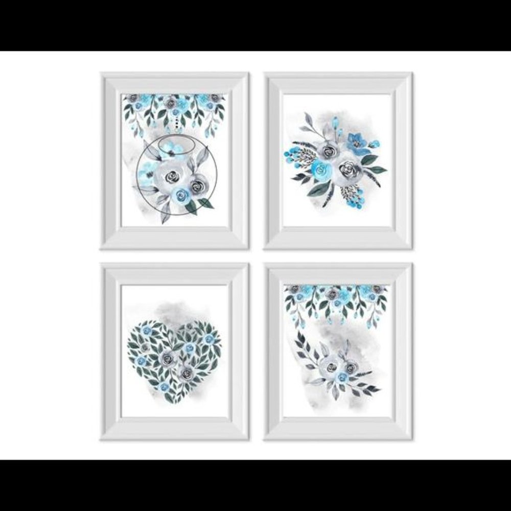 Watercolor Eternity Floral Blue Flowers Wall Art Prints Set of 4 Unframed